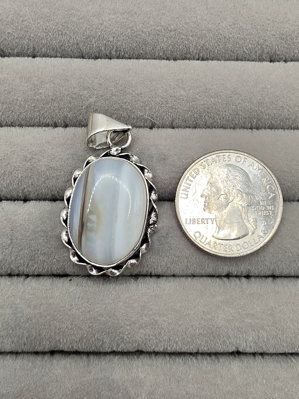 Silver Plated Banded Agate Oval Pendant - Elegant Light Blue Stone